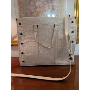 Betsey Johnson Cream Embossed Skull Floral Tote Bag Black Studded Crossbody Tote